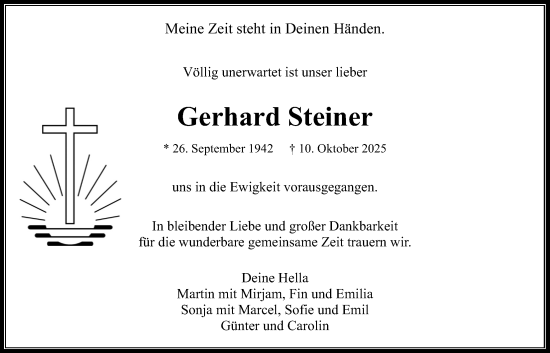 Traueranzeige von Gerhard Steiner von Wetterauer Zeitung