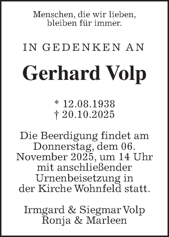 Traueranzeige von Gerhard Volp von Giessener Allgemeine, Alsfelder Allgemeine