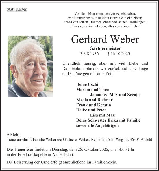 Traueranzeige von Gerhard Weber von Oberhessische Zeitung