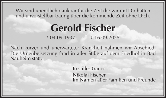 Traueranzeige von Gerold Fischer von Wetterauer Zeitung