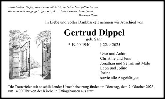 Traueranzeige von Gertrud Dippel von Giessener Allgemeine, Alsfelder Allgemeine