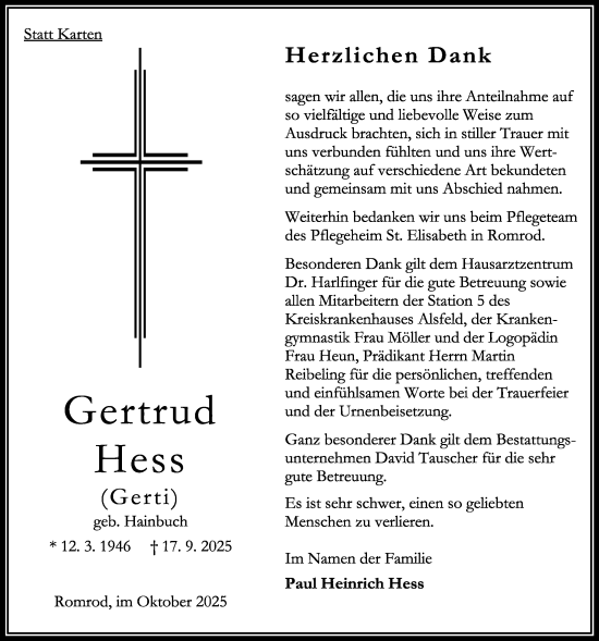 Traueranzeige von Gertrud Hess von Oberhessische Zeitung