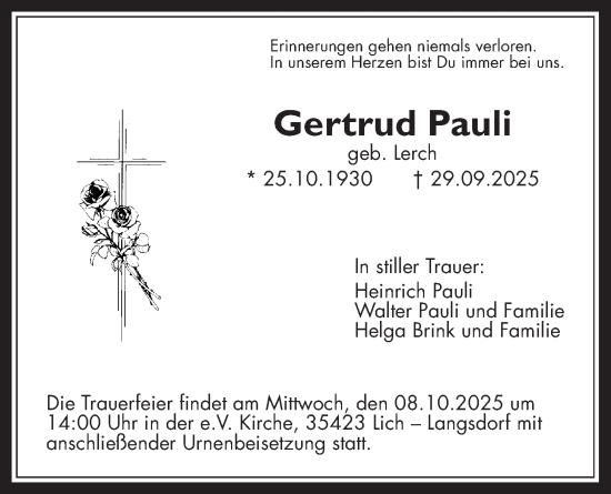 Traueranzeige von Gertrud Pauli von Giessener Allgemeine, Alsfelder Allgemeine, Giessener Anzeiger