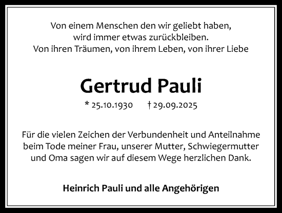 Traueranzeige von Gertrud Pauli von Licher Wochenblatt
