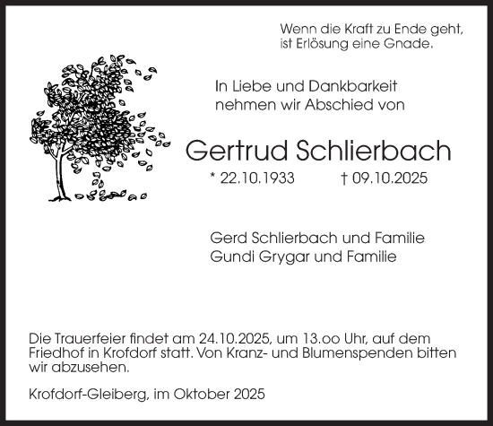 Traueranzeige von Gertrud Schlierbach von Giessener Anzeiger