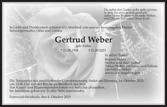 Traueranzeige von Gertrud Weber von Giessener Allgemeine, Alsfelder Allgemeine