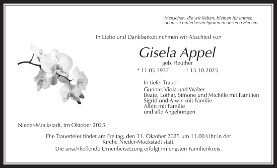 Traueranzeige von Gisela Appel von Kreis-Anzeiger
