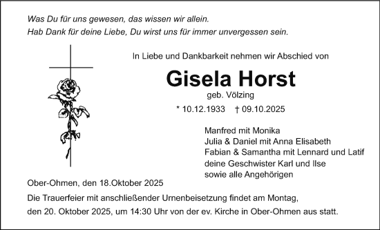 Traueranzeige von Gisela Horst von Oberhessische Zeitung, Alsfelder Allgemeine