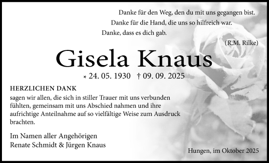 Traueranzeige von Gisela Knaus von Licher Wochenblatt
