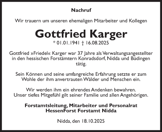 Traueranzeige von Gottfried Karger von Kreis-Anzeiger