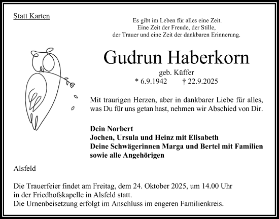 Traueranzeige von Gudrun Haberkorn von Oberhessische Zeitung