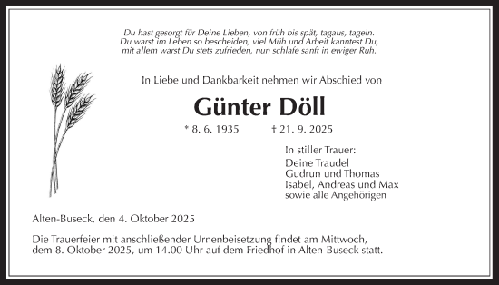 Traueranzeige von Günter Döll von Giessener Allgemeine, Alsfelder Allgemeine, Giessener Anzeiger