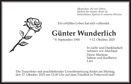 Traueranzeige von Günter Wunderlich von Wetterauer Zeitung, Bad Vilbel/Karben
