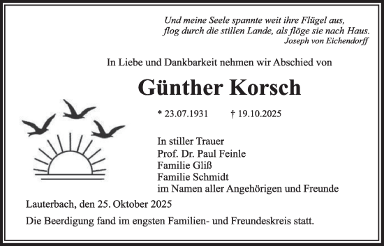Traueranzeige von Günther Korsch von Lauterbacher Anzeiger