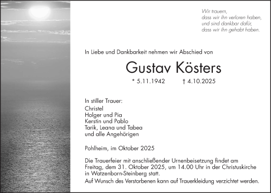 Traueranzeige von Gustav Kösters von Pohlheimer Nachrichten, Giessener Allgemeine, Alsfelder Allgemeine