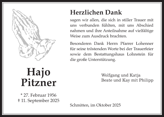 Traueranzeige von Hajo Pitzner von Usinger Anzeiger, Usinger Anzeigenblatt