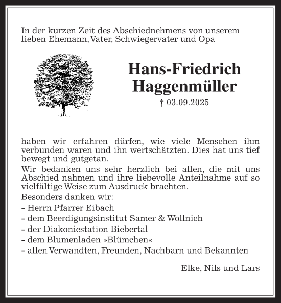 Traueranzeige von Hans-Friedrich Haggenmüller von Giessener Allgemeine, Alsfelder Allgemeine