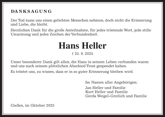 Traueranzeige von Hans Heller von Giessener Allgemeine, Alsfelder Allgemeine, Giessener Anzeiger