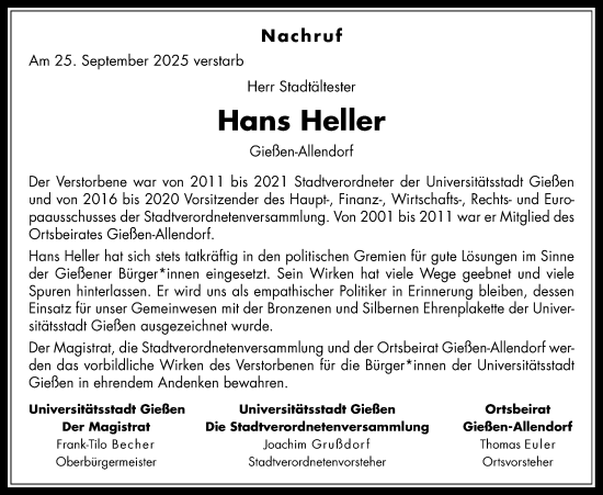 Traueranzeige von Hans Heller von Giessener Allgemeine, Alsfelder Allgemeine, Giessener Anzeiger