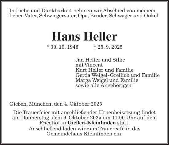 Traueranzeige von Hans Heller von Giessener Allgemeine, Alsfelder Allgemeine, Giessener Anzeiger