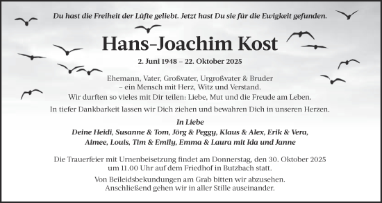 Traueranzeige von Hans-Joachim Kost von Butzbacher Zeitung