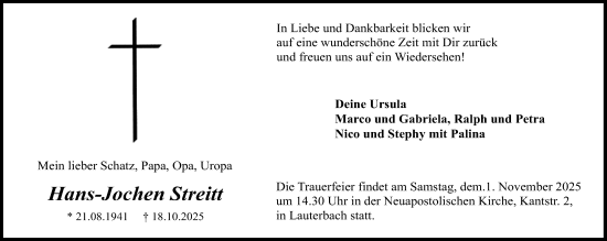 Traueranzeige von Hans-Jochen Streitt von Lauterbacher Anzeiger