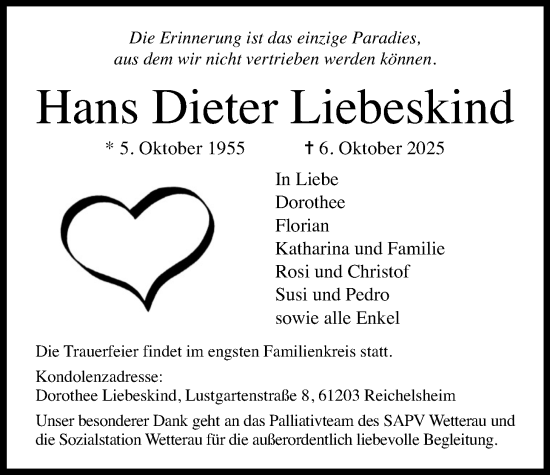 Traueranzeige von Hans Dieter Liebeskind von Wetterauer Zeitung