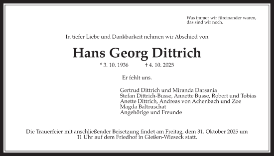Traueranzeige von Hans Georg Dittrich von Giessener Allgemeine, Alsfelder Allgemeine, Giessener Anzeiger