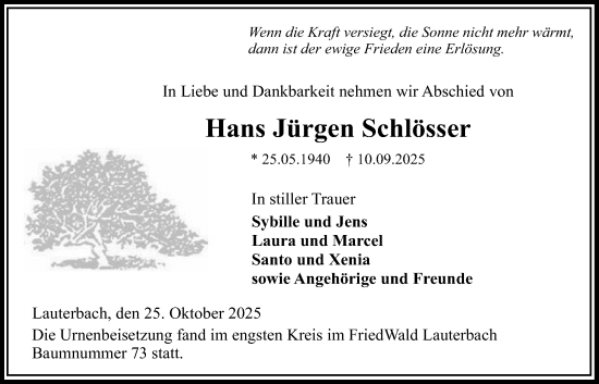 Traueranzeige von Hans Jürgen Schlösser von Lauterbacher Anzeiger