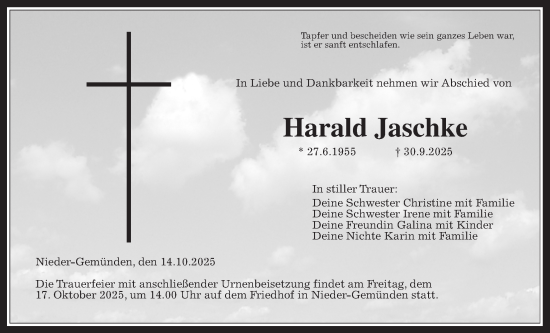 Traueranzeige von Harald Jaschke von Oberhessische Zeitung, Alsfelder Allgemeine