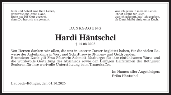 Traueranzeige von Hardi Häntschel von Giessener Allgemeine, Alsfelder Allgemeine