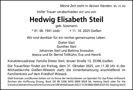 Traueranzeige von Hedwig Elisabeth Steil von Giessener Allgemeine, Alsfelder Allgemeine, Giessener Anzeiger