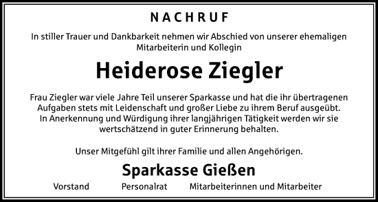Traueranzeige von Heiderose Ziegler von Giessener Allgemeine, Giessener Anzeiger, Alsfelder Allgemeine
