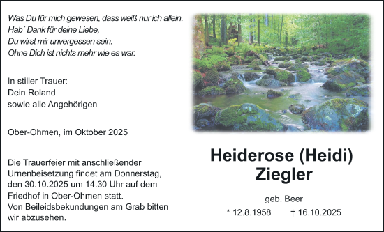 Traueranzeige von Heiderose Ziegler von Mücker Stimme, Giessener Allgemeine, Alsfelder Allgemeine