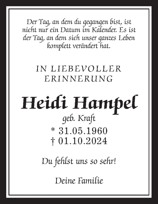 Traueranzeige von Heidi Hampel von Kreis-Anzeiger