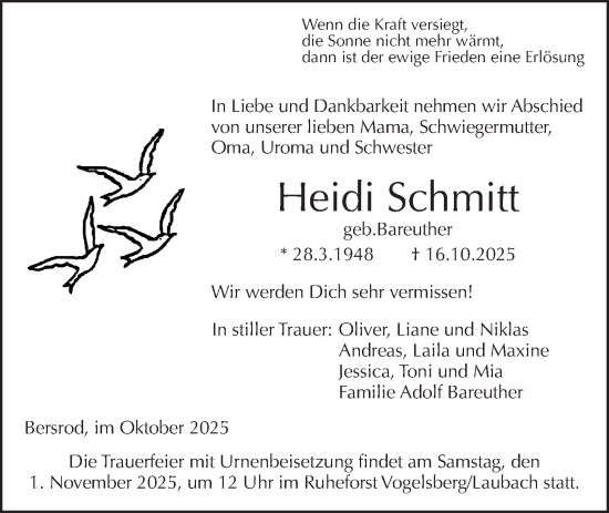 Traueranzeige von Heidi Schmitt von Giessener Allgemeine, Alsfelder Allgemeine, Giessener Anzeiger