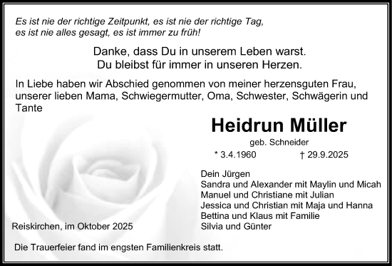 Traueranzeige von Heidrun Müller von Giessener Allgemeine, Alsfelder Allgemeine