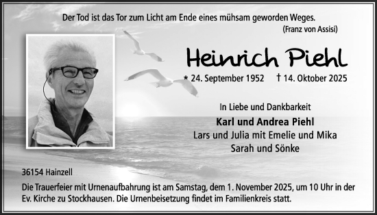 Traueranzeige von Heinrich Piehl von Lauterbacher Anzeiger