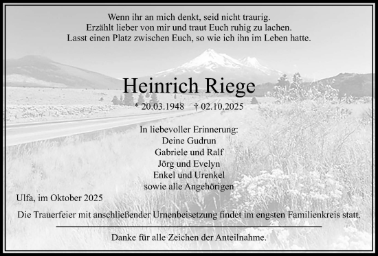 Traueranzeige von Heinrich Riege von Kreis-Anzeiger