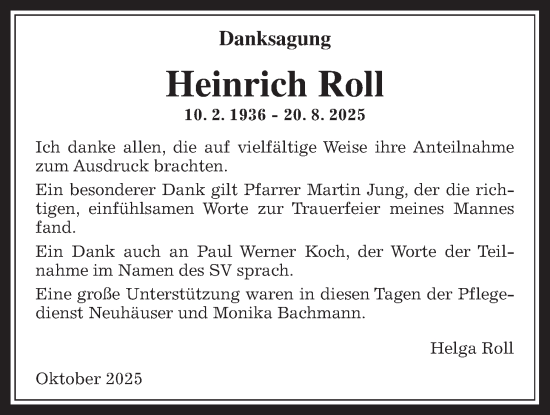 Traueranzeige von Heinrich Roll von Laubacher Anzeiger
