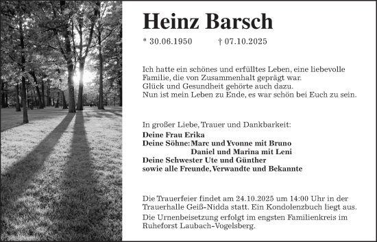Traueranzeige von Heinz Barsch von Kreis-Anzeiger