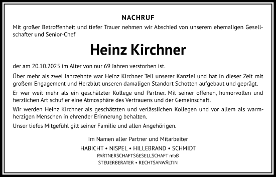 Traueranzeige von Heinz Kirchner von Kreis-Anzeiger, Lauterbacher Anzeiger
