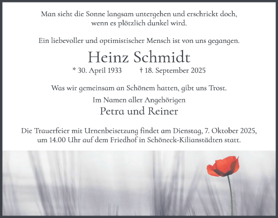 Traueranzeige von Heinz Schmidt von Bad Vilbel/Karben