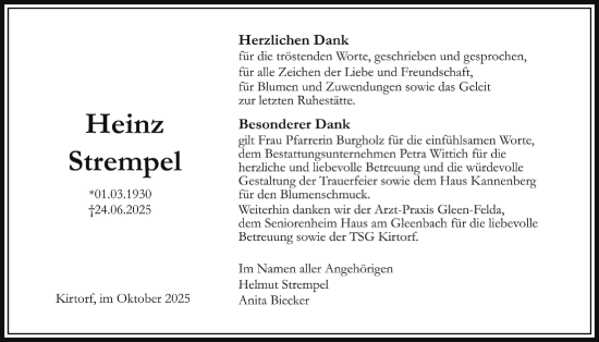 Traueranzeige von Heinz Strempel von Oberhessische Zeitung