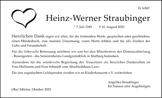 Traueranzeige von Heinz-Werner Straubinger von Wetterauer Zeitung
