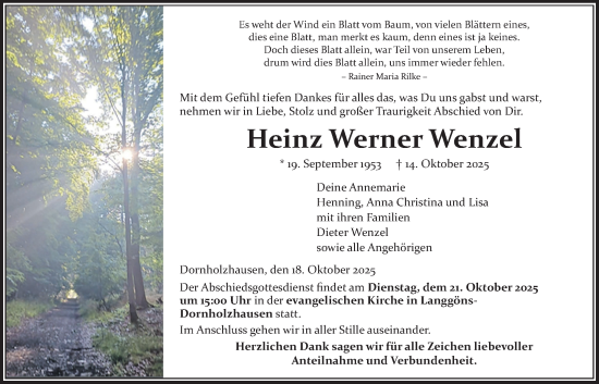 Traueranzeige von Heinz Werner Wenzel von Giessener Allgemeine, Alsfelder Allgemeine, Giessener Anzeiger