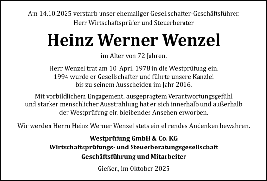 Traueranzeige von Heinz Werner Wenzel von Giessener Allgemeine, Alsfelder Allgemeine, Giessener Anzeiger