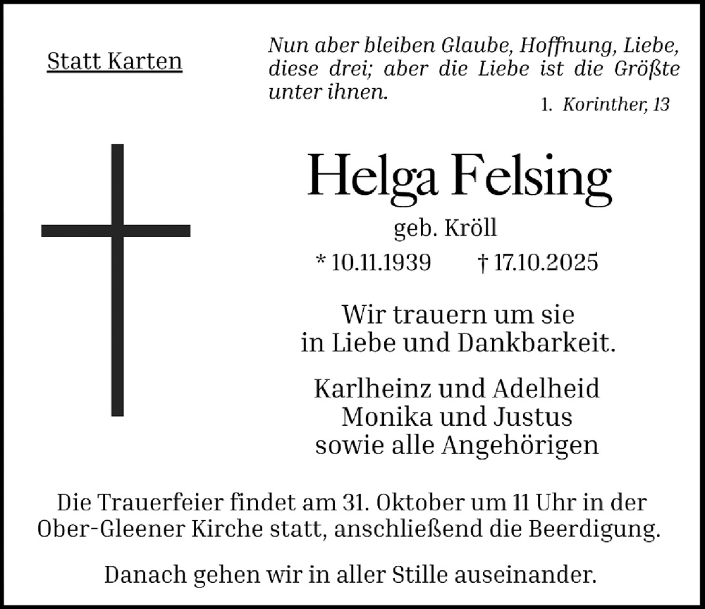  Traueranzeige für Helga Felsing vom 25.10.2025 aus Oberhessische Zeitung