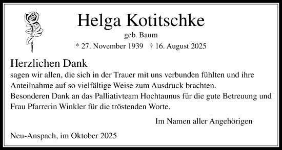 Traueranzeige von Helga Kotitschke von Usinger Anzeigenblatt