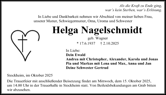 Traueranzeige von Helga Nagelschmidt von Kreis-Anzeiger